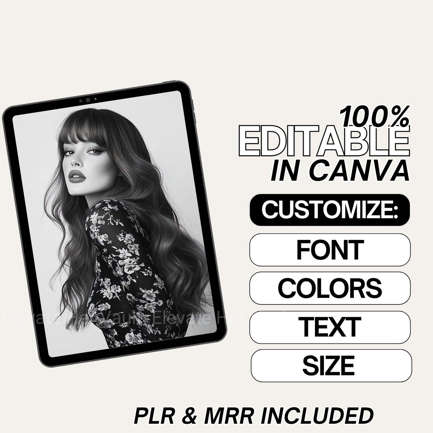 Black and white portrait of a woman on a tablet with text about Canva editing options.