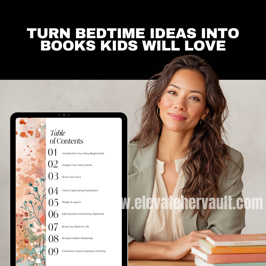 Woman with a tablet showing a book creation guide and books on a table, with text 'Turn Bedtime Ideas into Books Kids Will Love' and website 'www.elevatenervault.