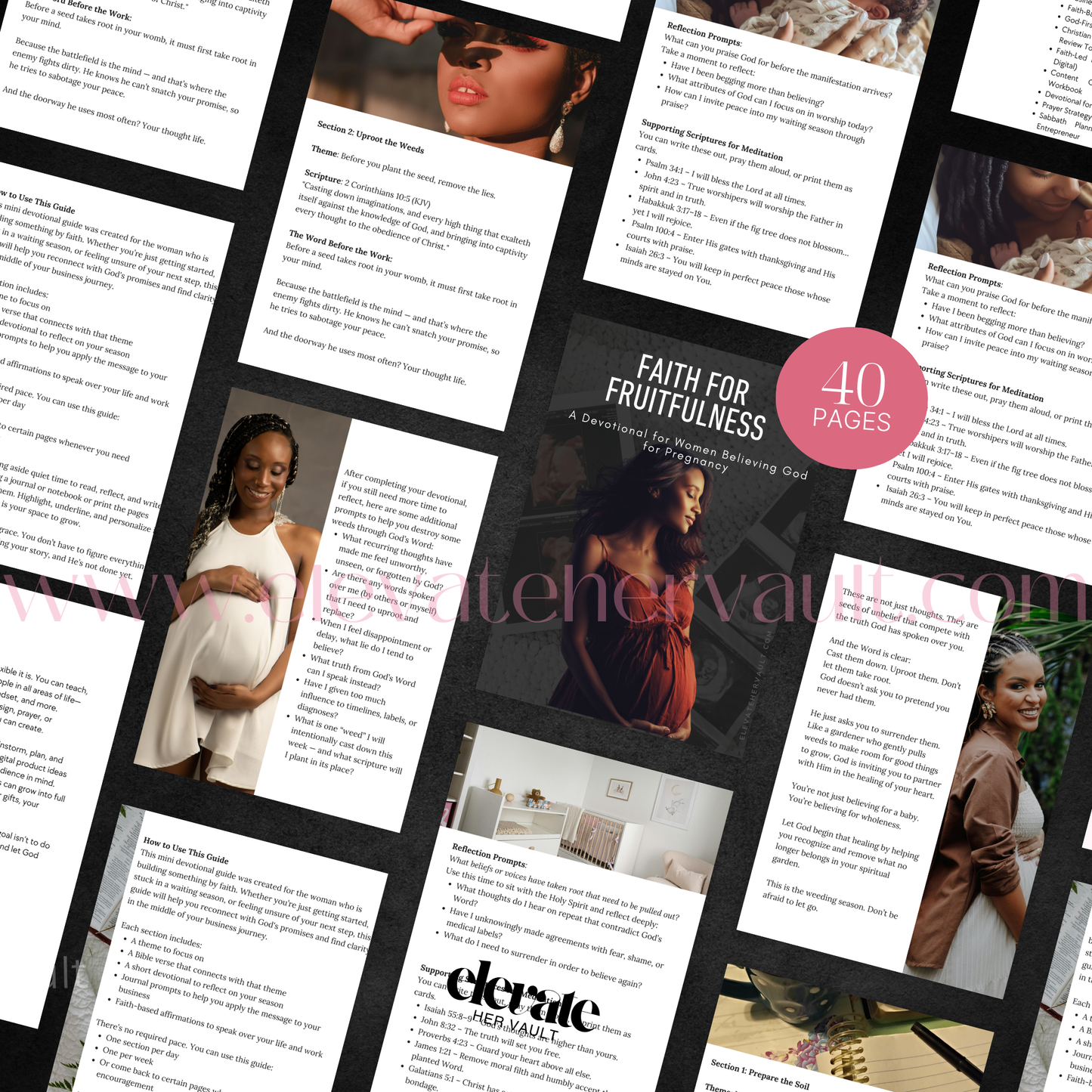 Preview of multiple devotional pages shown on a laptop screen with clean, elegant layouts designed for spiritual encouragement. elevatehervault.com