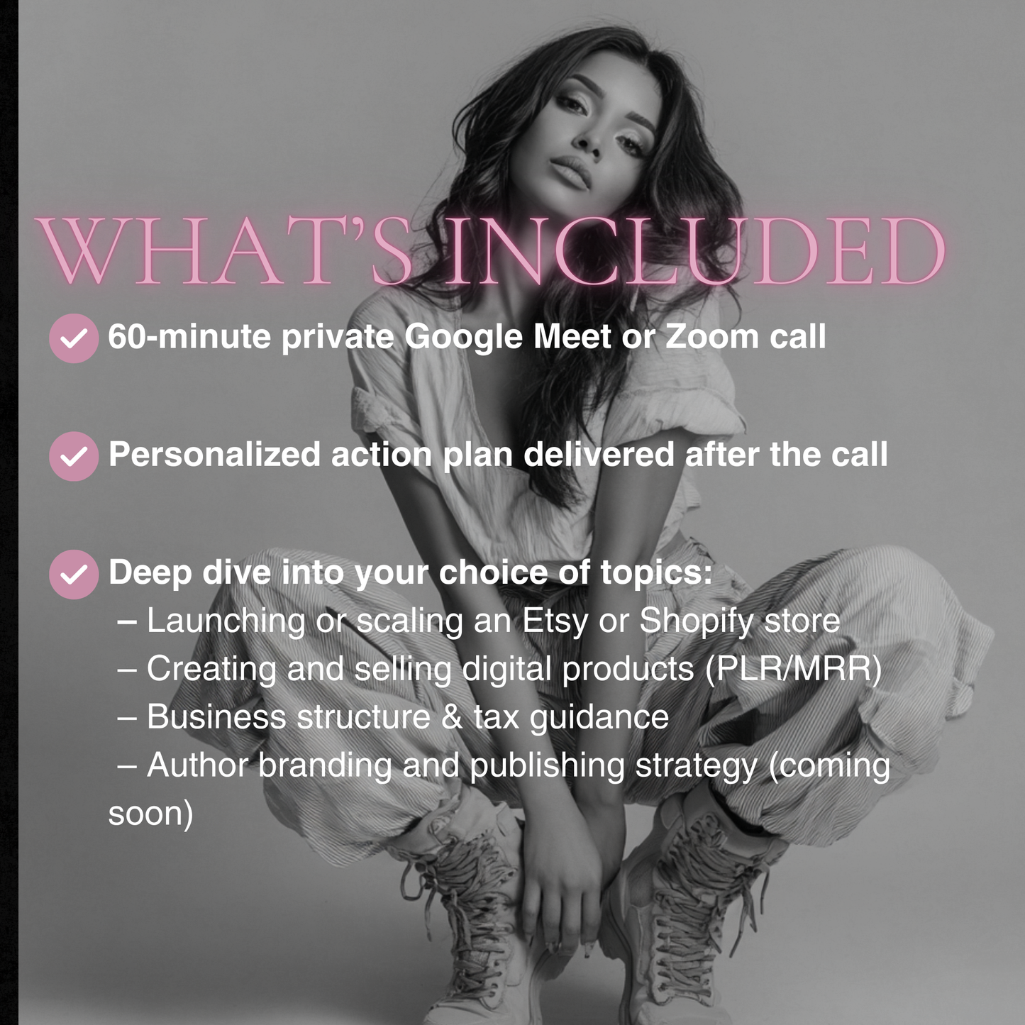 Person sitting with promotional text about services on a gray background www.elevatehervault.com