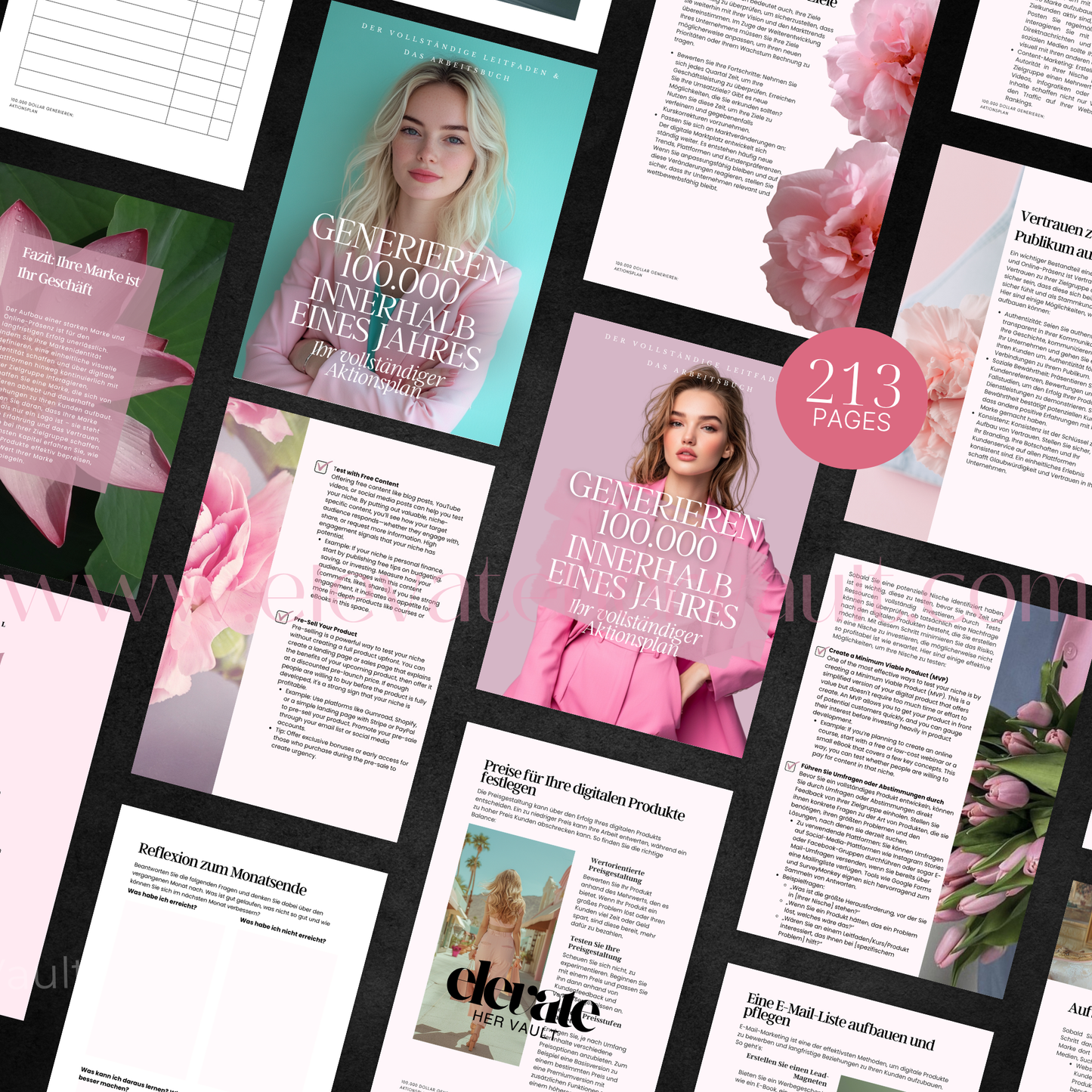 collage of the 100 K ebook in German www.elevatehervault.com