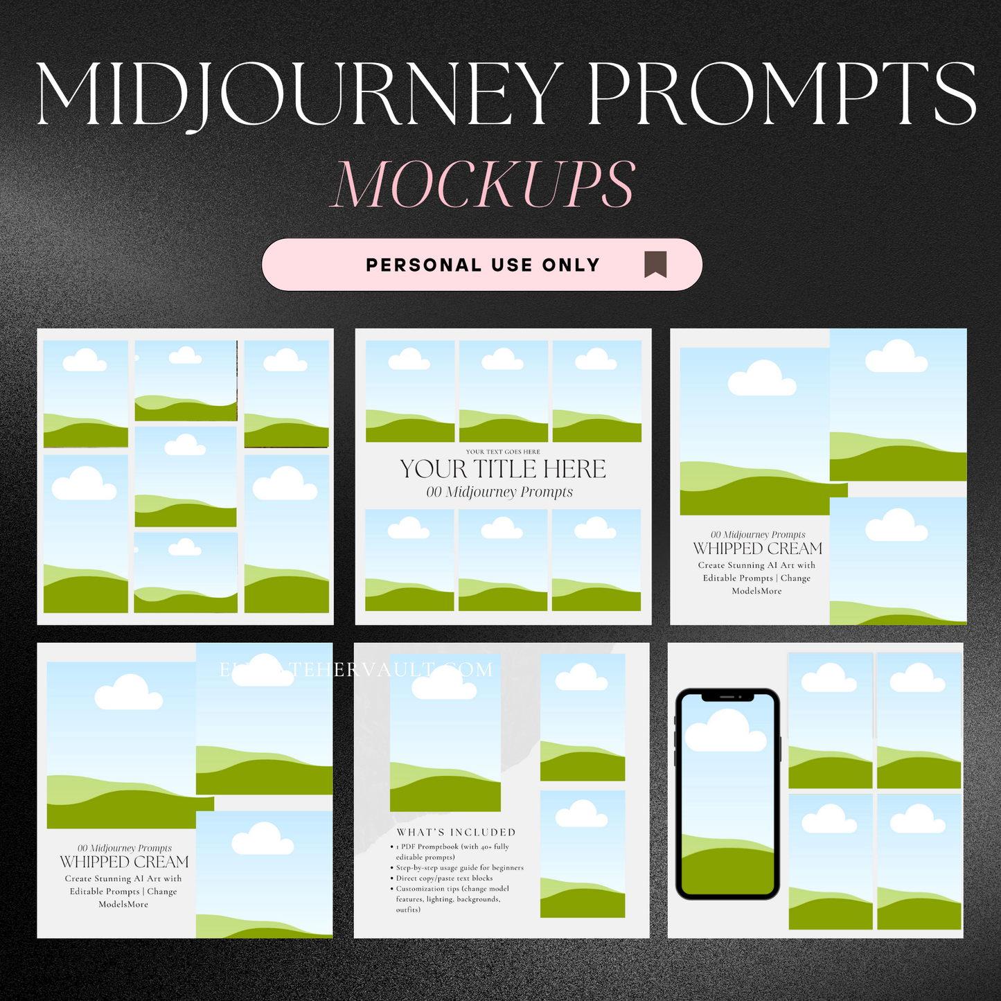 Display of Midjourney mockup features with mobile view and drag-and-drop layout – www.elevatehervault.com