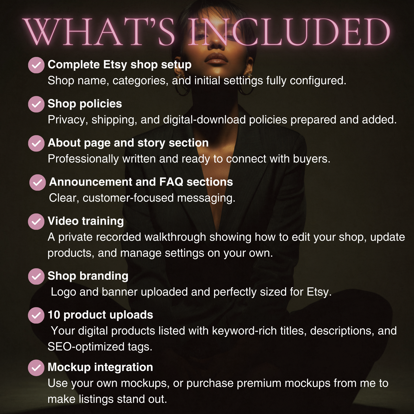 Etsy shop setup package with a woman in the background www.elevatehervault.com
