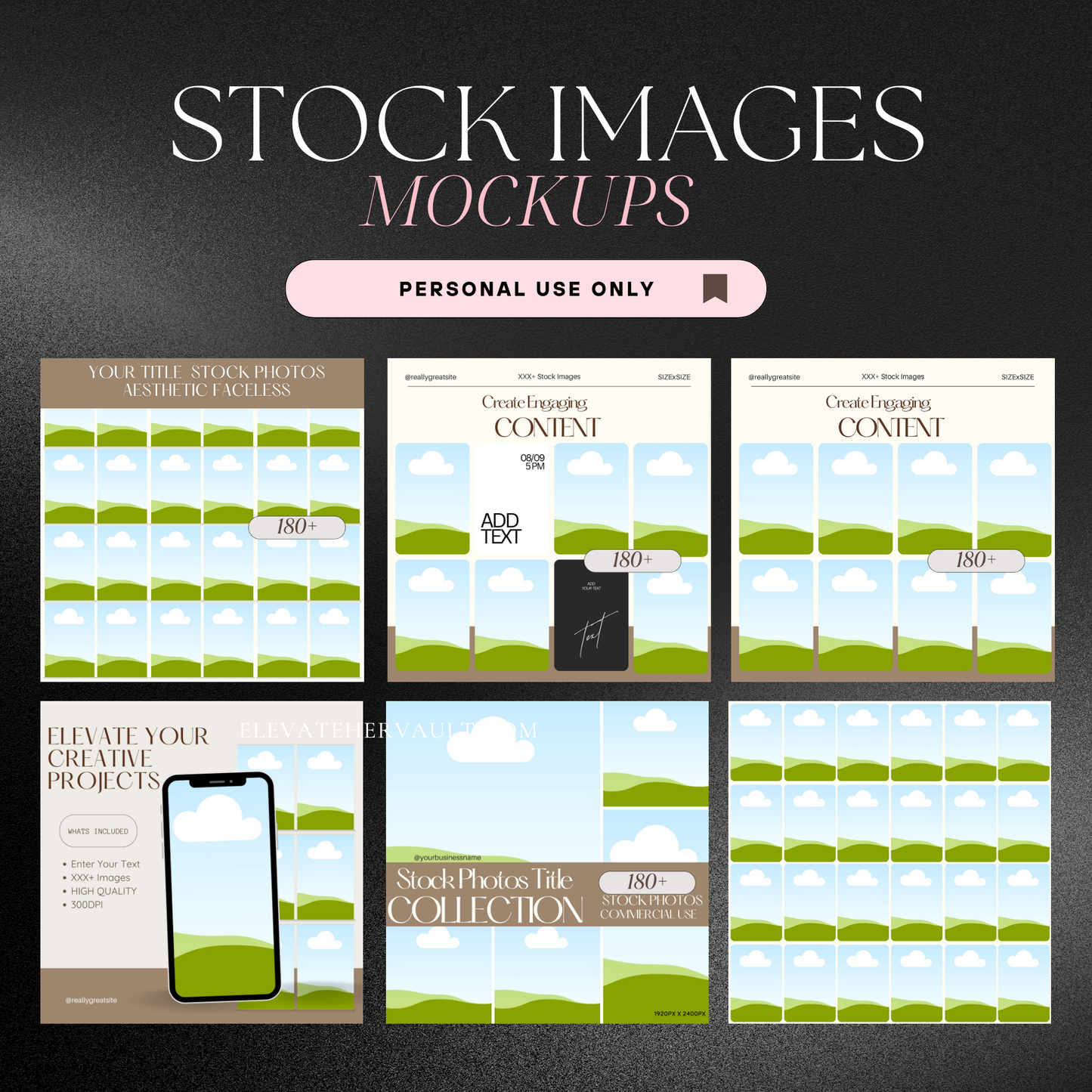 Device-style Canva mockups for stock image sellers, featuring phone, tablet, and desktop views. www.elevatehervault.com