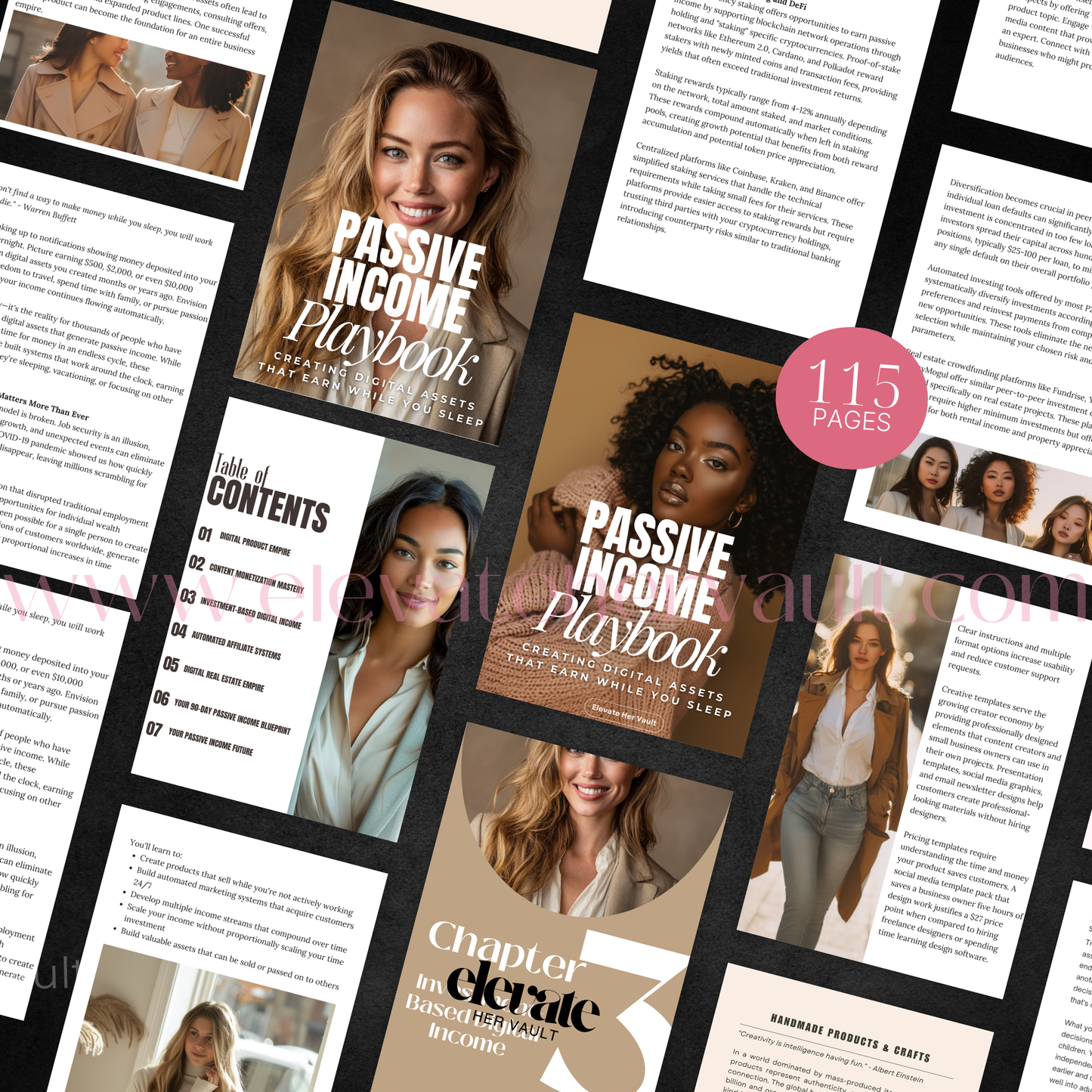 Collage of pages from 'Passive Income Playbook' with a woman's face on one page. www.elevatehervault.com