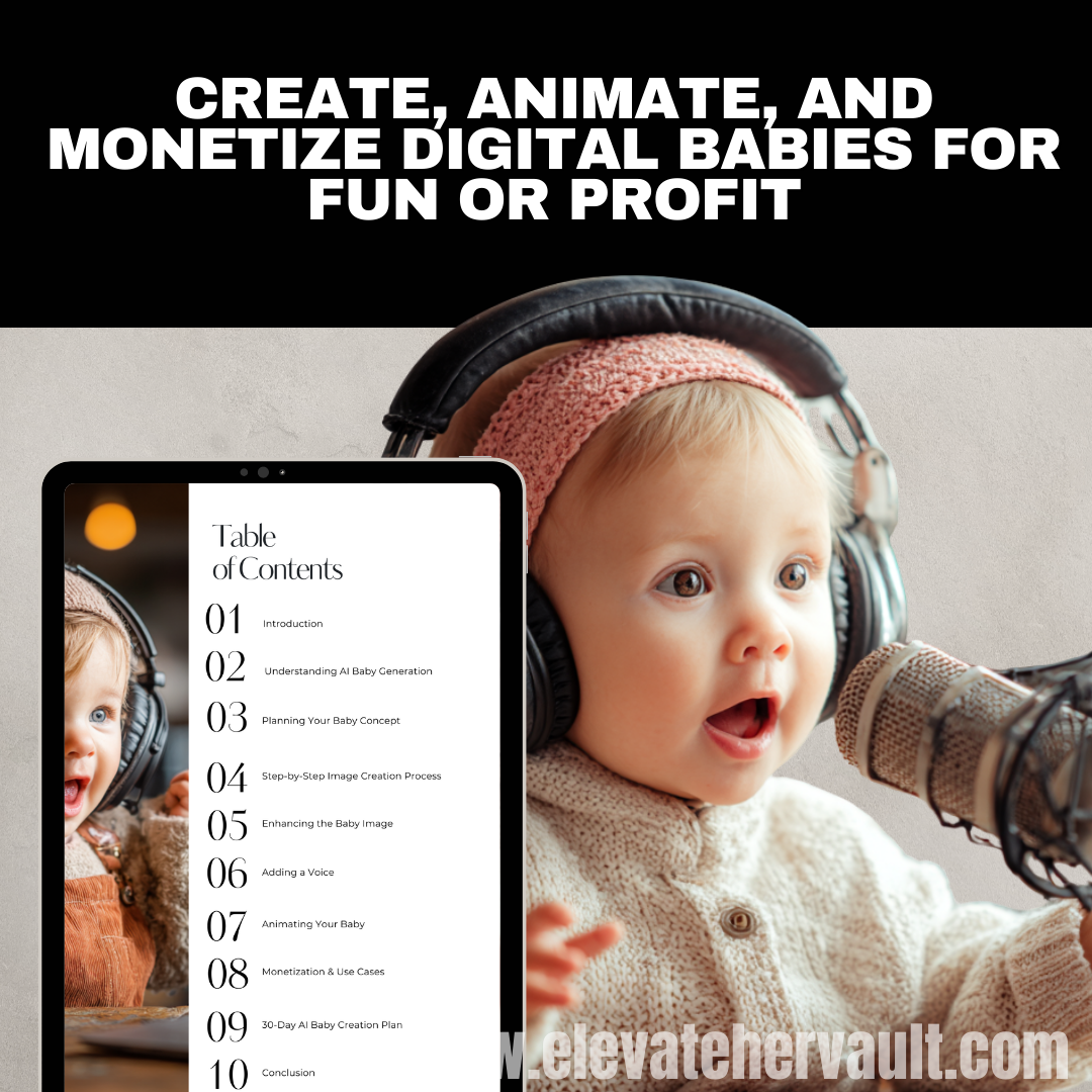 Baby with headphones and microphone next to a tablet with a table of contents, with text about creating and monetizing digital babies.