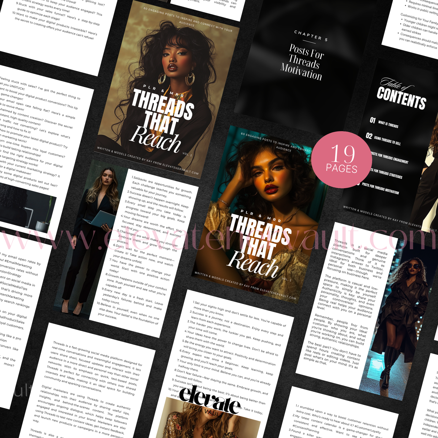Flatlay showing the Threads That Reach eBook open to multiple strategy-packed pages, with chapter titles, Canva templates, and styled cover art. www.elevatehervault.com