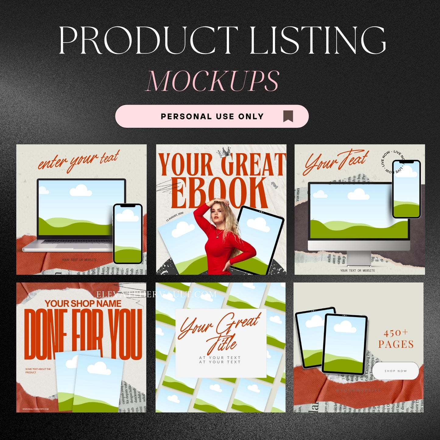 Digital eBook mockups for listing visuals including laptops, tablets, phones, and personal use only banner. elevatehervault.com