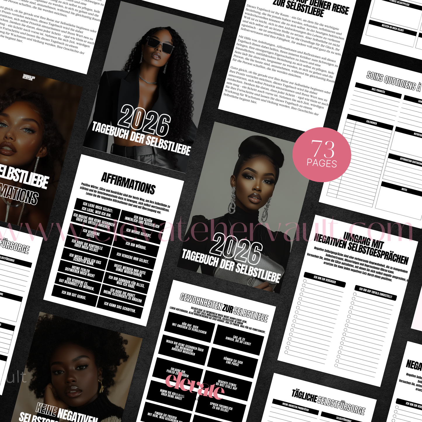 Collage of pages from a self-love journal with text and images of a woman. www.elevatehervault.com