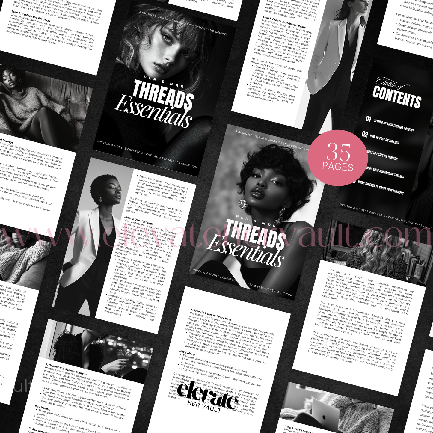 Flatlay of open Threads Essentials eBook pages, showcasing styled models and PLR/branding education visuals from the 35-page business guide. www.elevatehervault.com