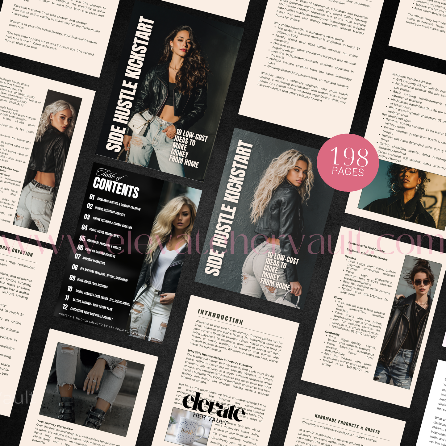 Collage of pages from a book titled 'Side Hustle Kickstart' with images of a woman and text.