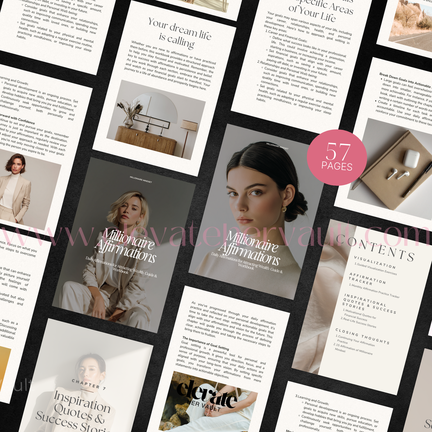 Collage of pages from a book or magazine with text and images, featuring a woman's face and various topics. www.elevatehervault.com