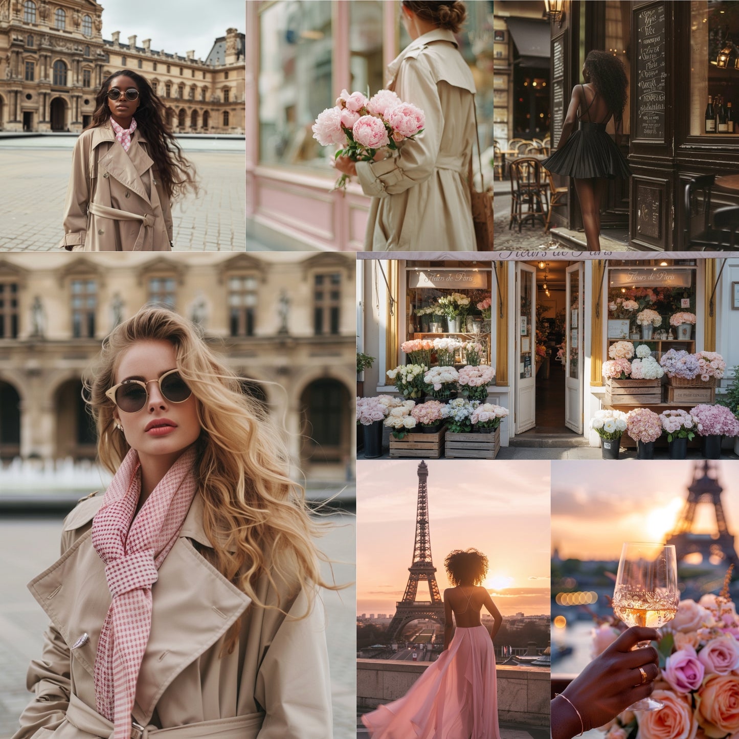 Collage of a woman in a trench coat with scenes of a city, flowers, and the Eiffel Tower. www.elevatehervault.com