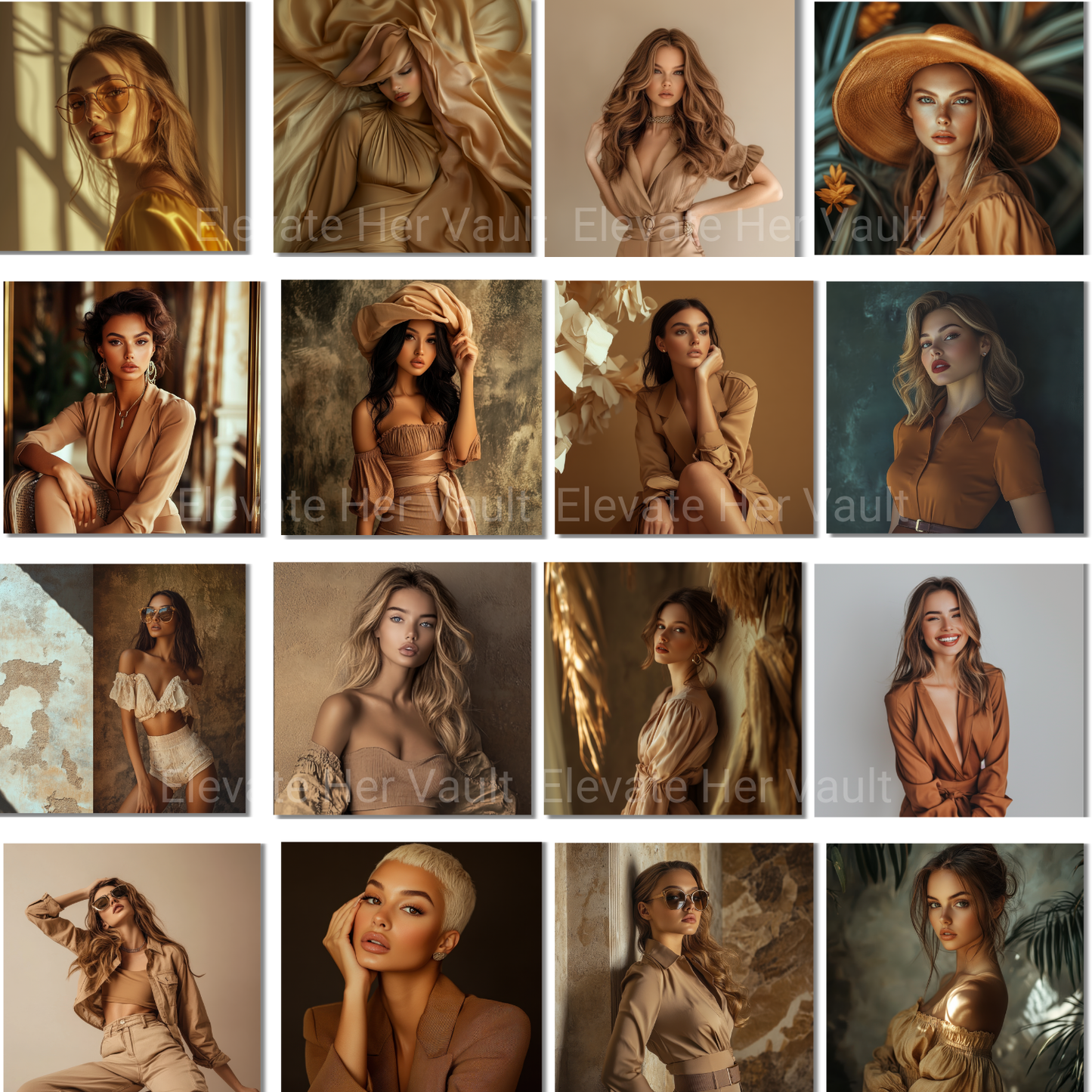 Large preview grid featuring over 25 tan aesthetic stock photos designed for modern businesswomen and content creators. www.elevatehervault.com