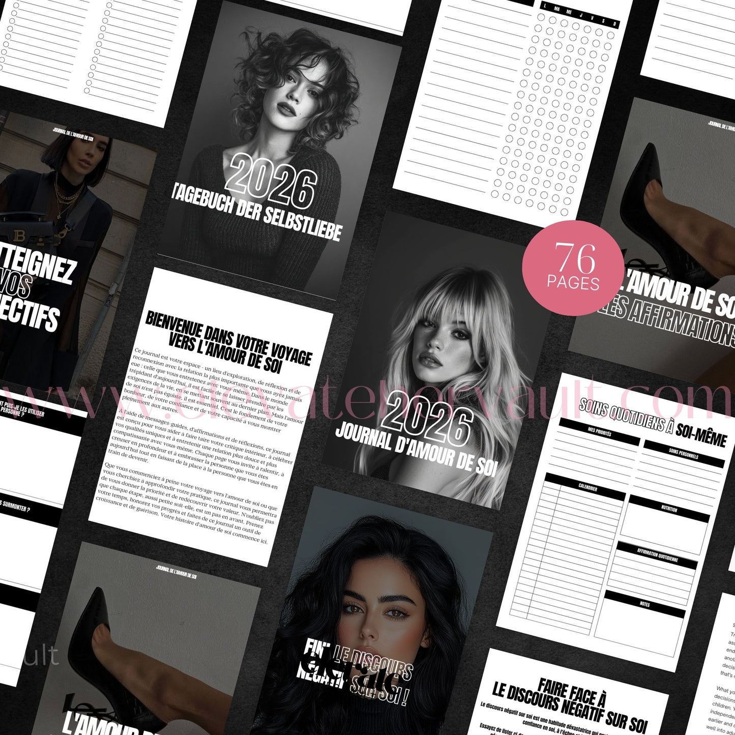 Collage of pages from a 2026 self-love journal with text and images.