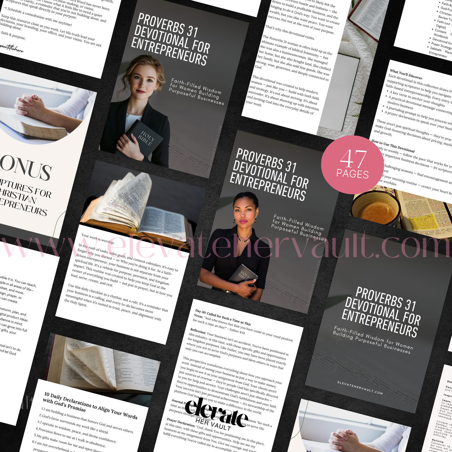 Scroll-through layout showing multiple pages of the devotional open on a digital tablet. www.elevatehervault.com