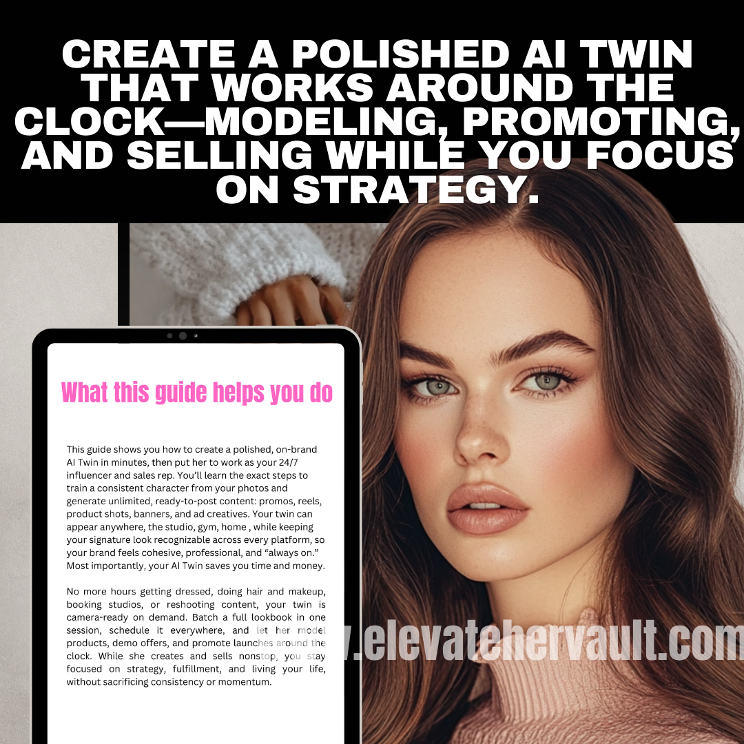 Woman with a tablet displaying a guide on creating an AI twin for modeling and selling.