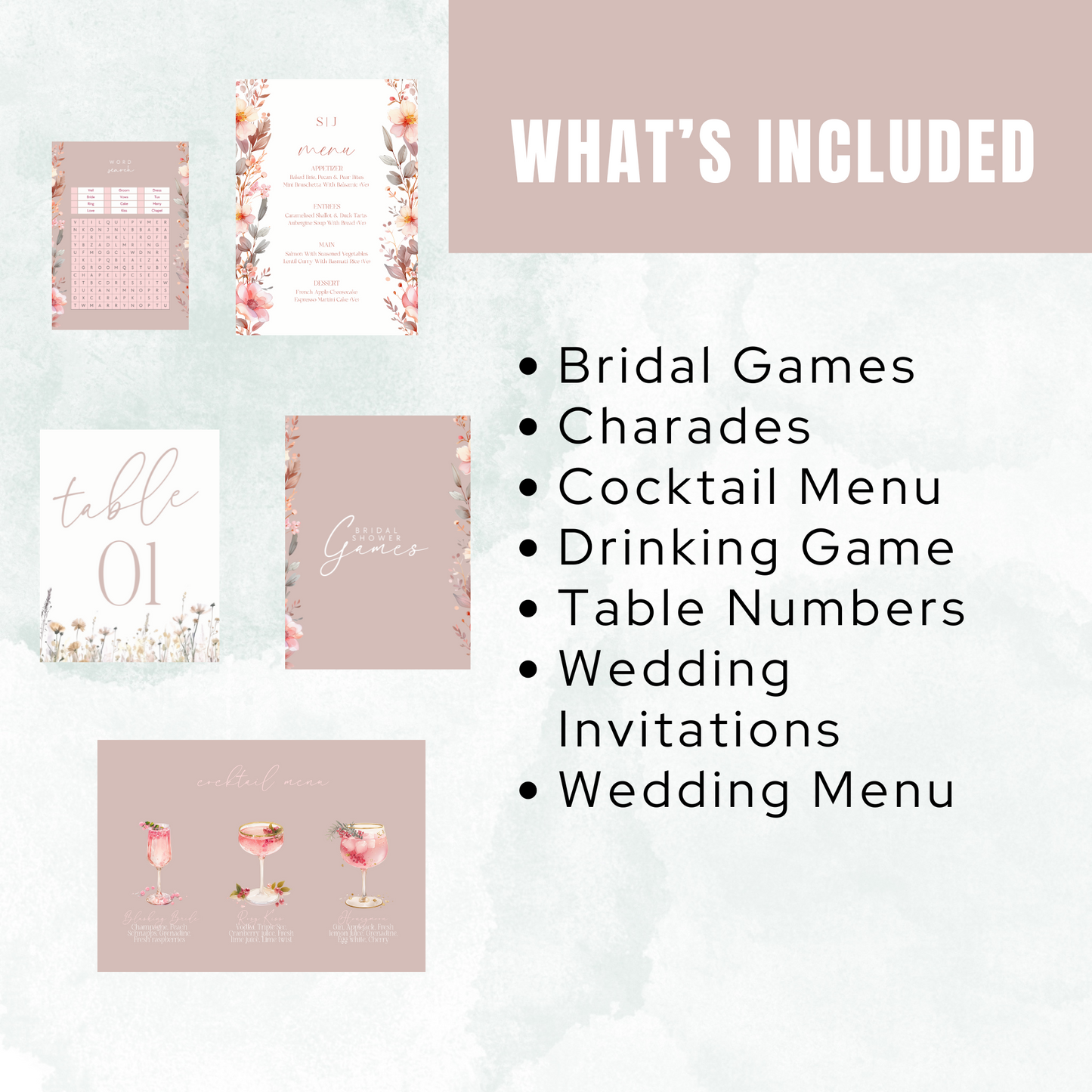 Bridal shower or wedding planning items with text listing included items on a light gray background. www.elevatehervault.com