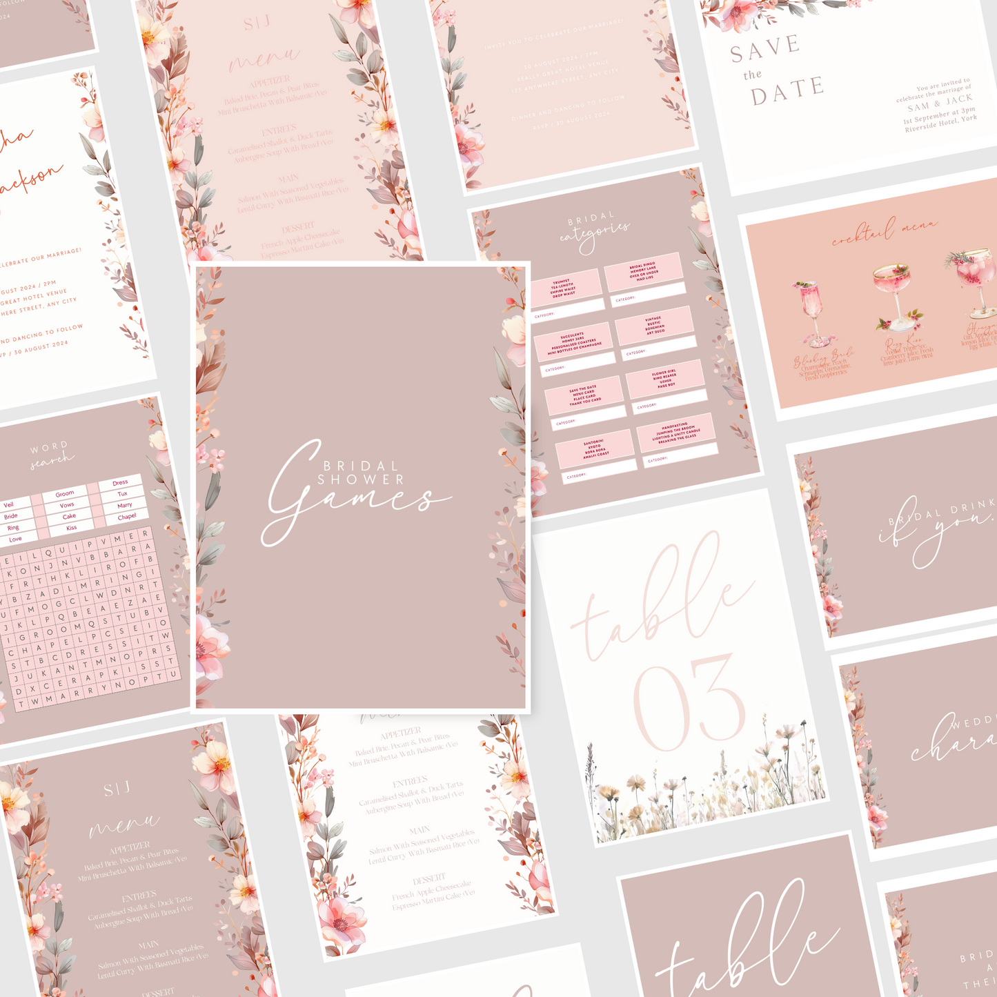 Collage of wedding and bridal shower invitations with floral designs and text. www.elevatehervault.com