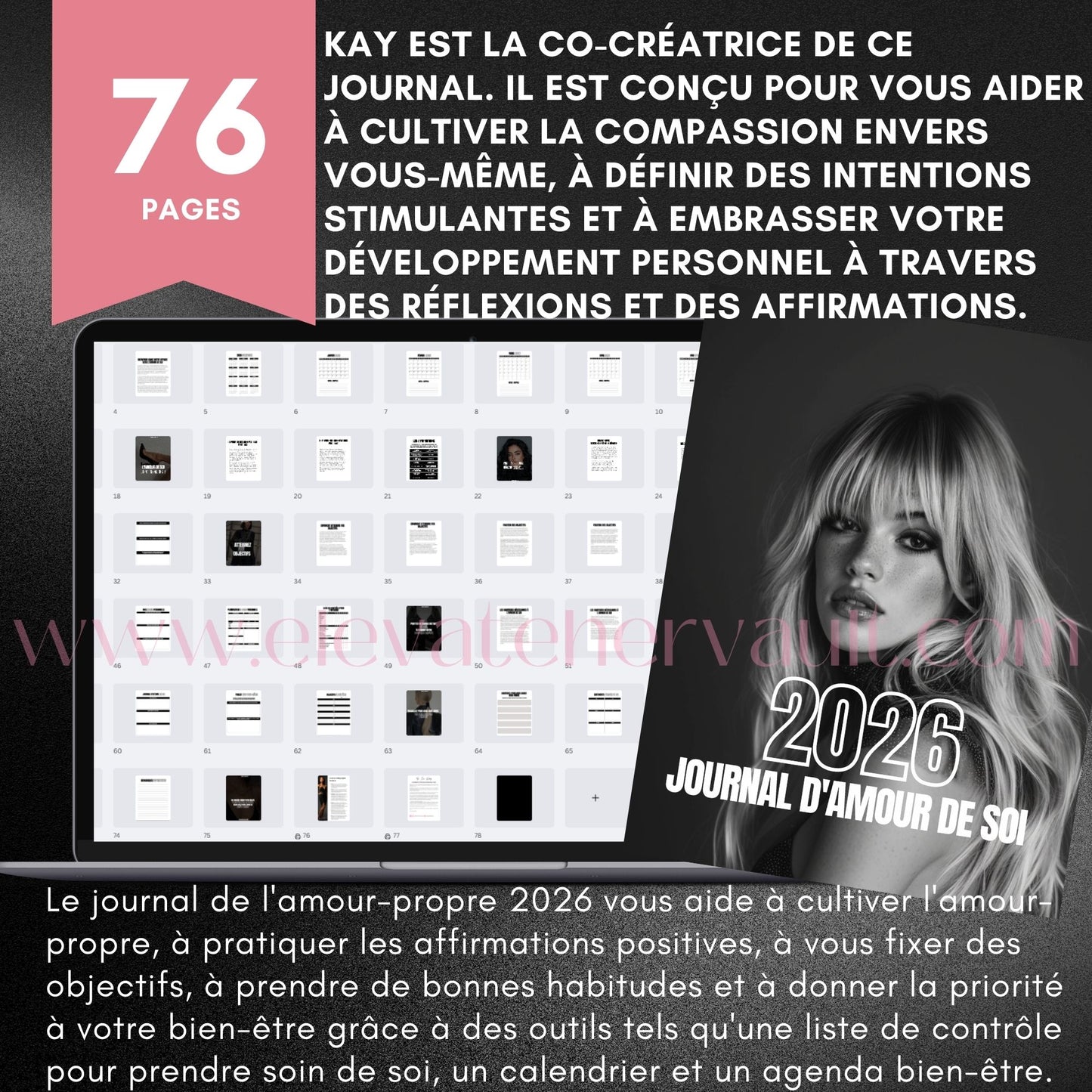 Promotional graphic for a 2026 self-love journal with text and a tablet displaying journal pages.