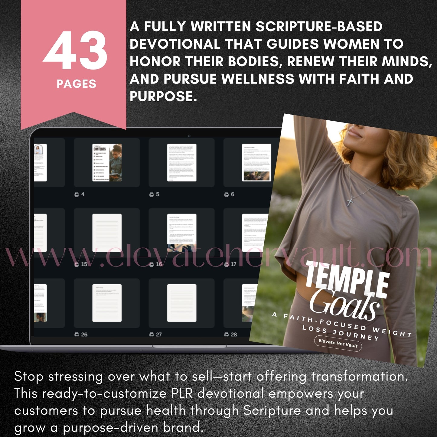 Page overview of 43-page Temple Goals Christian eBook with PLR resale rights. www.elevatehervault.com