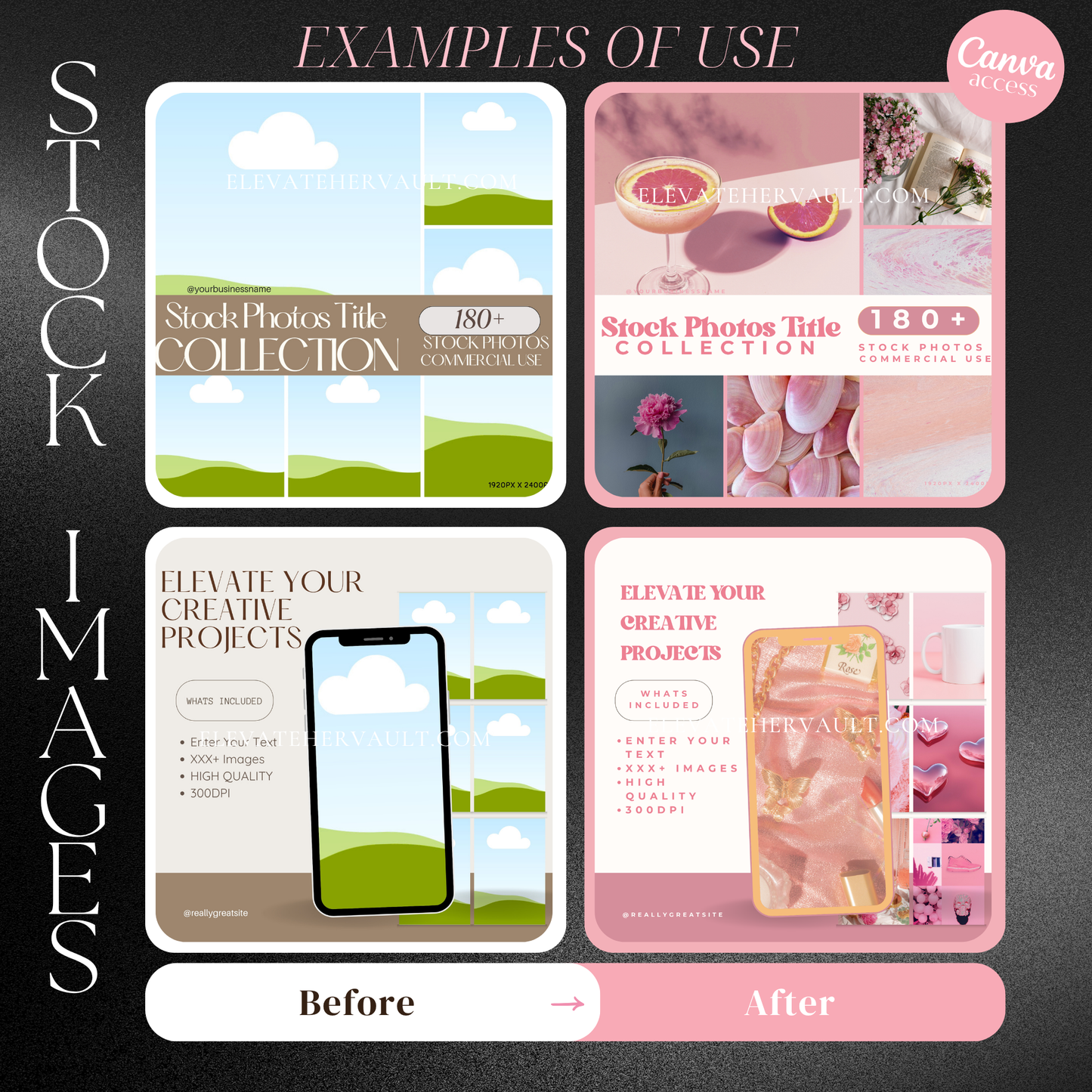 Before-and-after mockup transformation using Canva templates to enhance photo presentation. www.elevatehervault.com