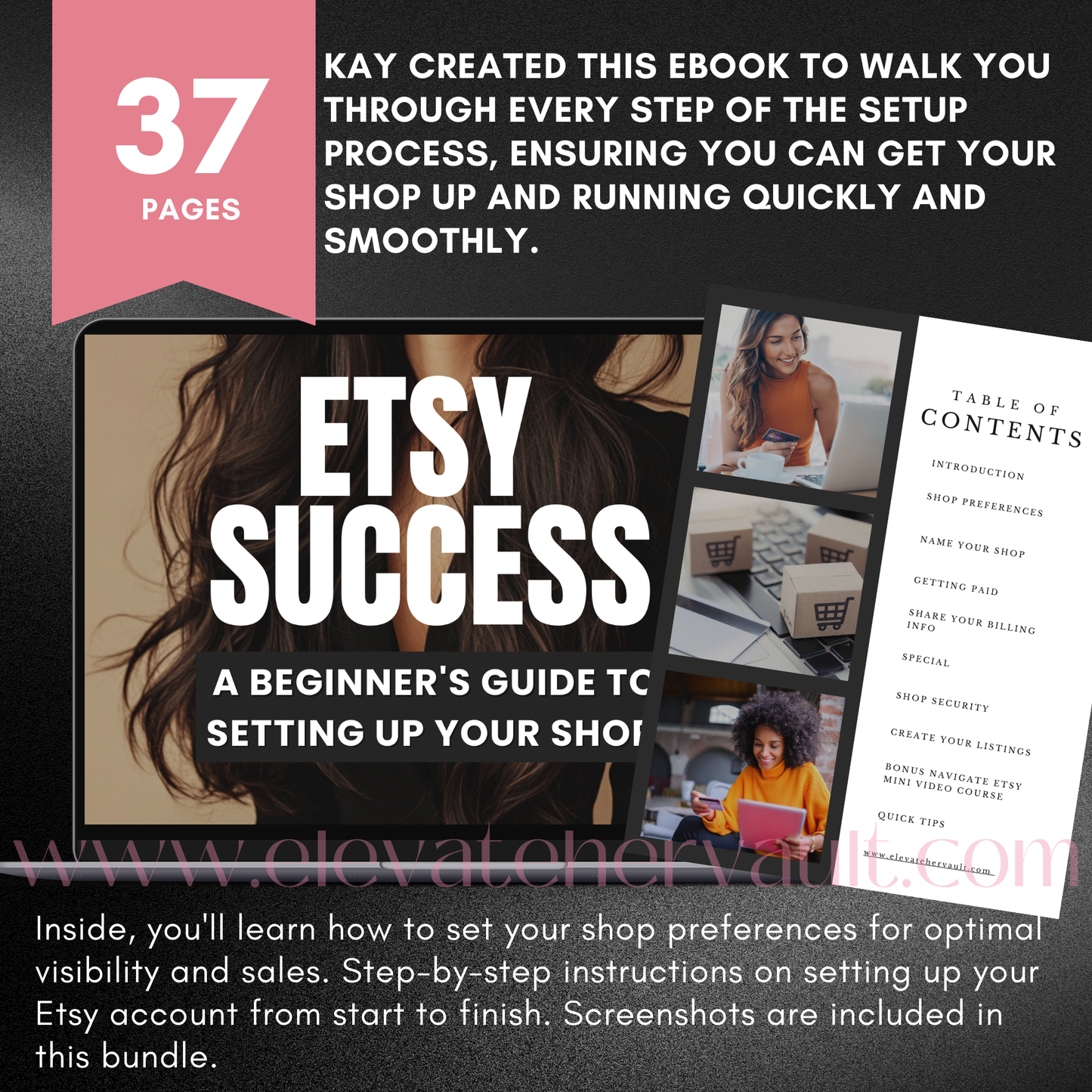 Main Brown Cover (Etsy Success): “Etsy Success beginner’s eBook cover showing a step-by-step Etsy shop setup guide.”