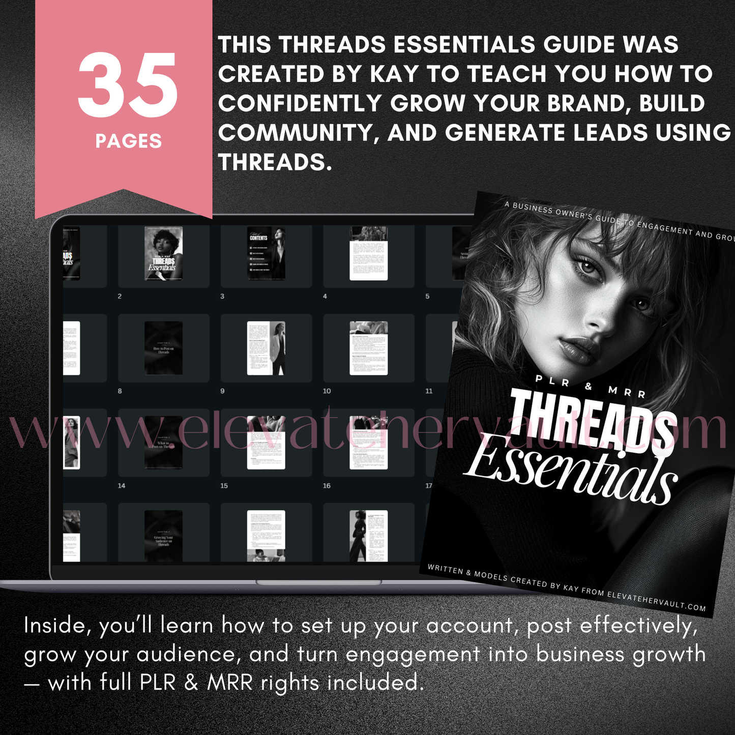 Promotional mockup for the 35-page 'Threads Essentials' PLR & MRR guide for business owners. Showcases covers, pages, and marketing materials designed to teach users how to use Threads to grow their business. Includes Canva access and resale rights. www.elevatehervault.com