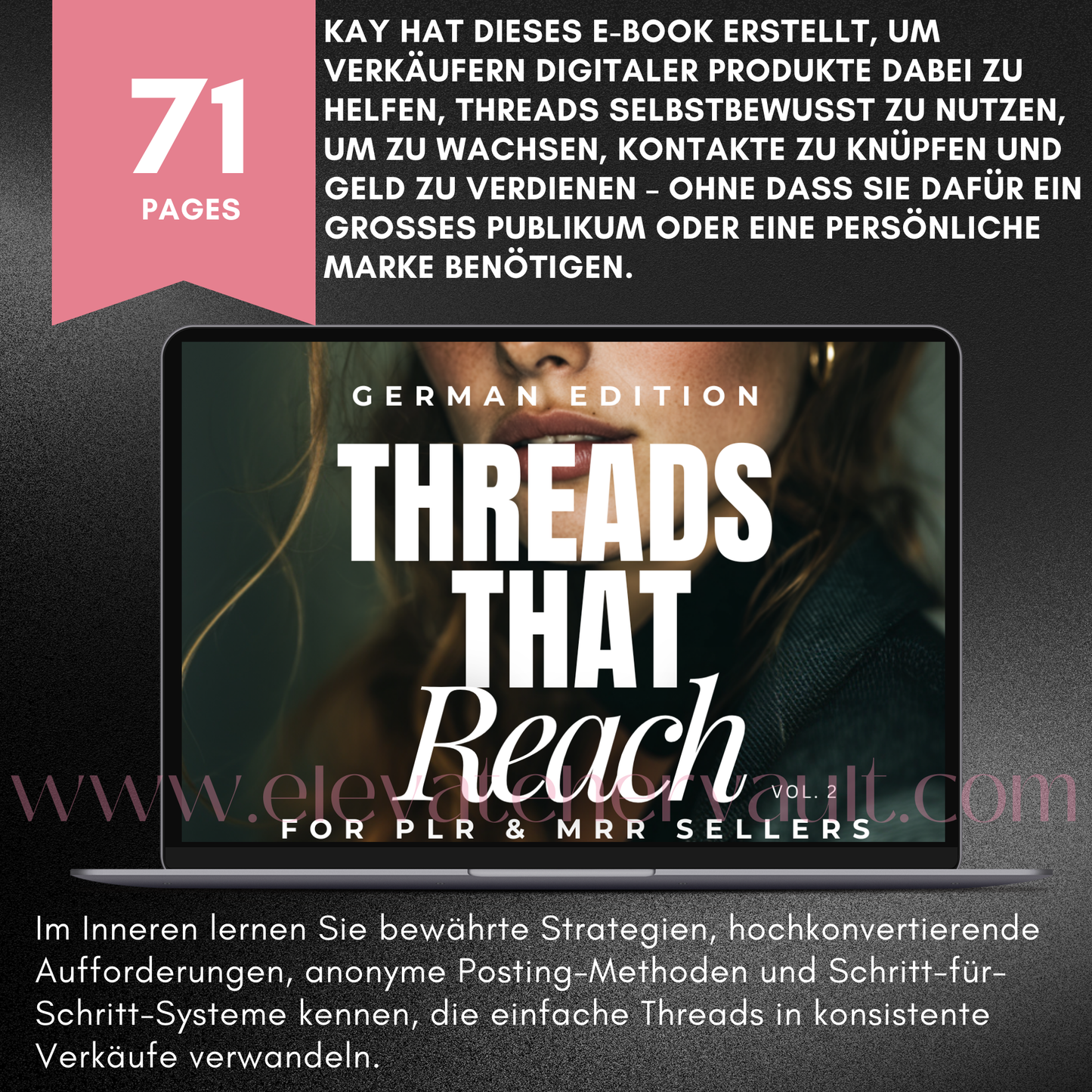 Promotional graphic for 'Threads That Reach' e-book with laptop displaying book cover and text about digital product sales.