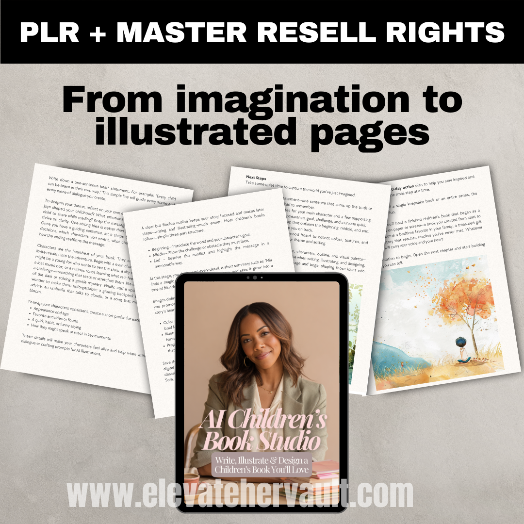 Illustrated pages and a tablet with text about AI Children's Book Studio and PLR rights.www.elevatehervault.com