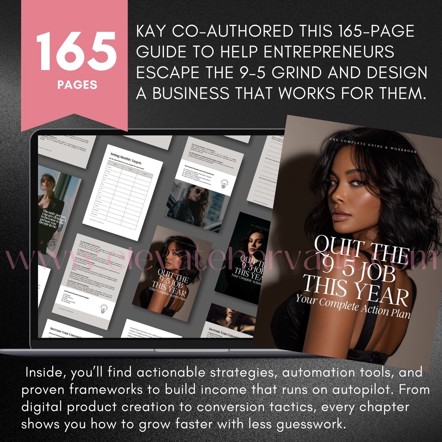 Promotional graphic for a book titled 'Quit the 9-5 Job This Year' by Kay, with text about its contents and purpose. www.elevatehervault.com