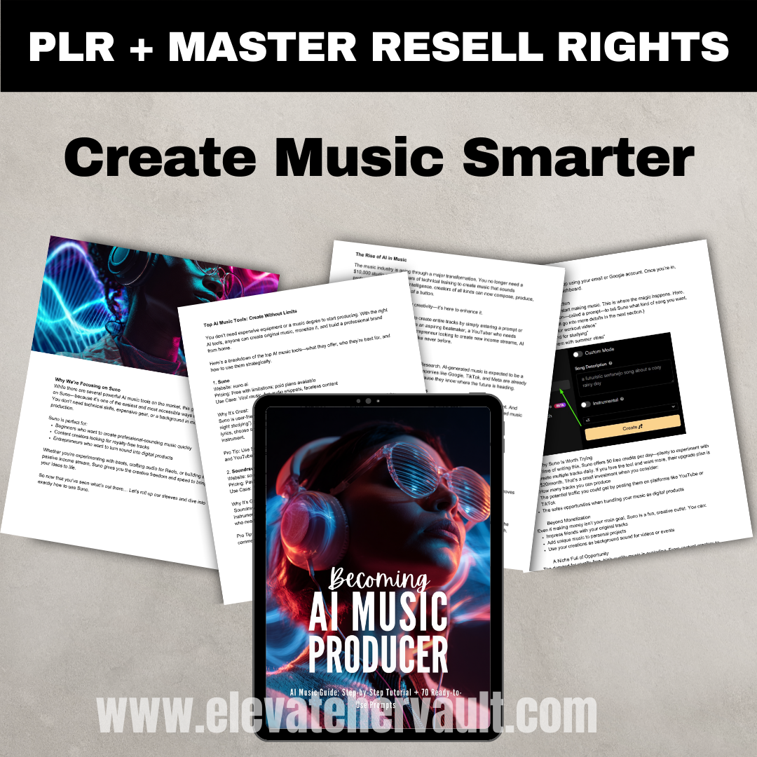 Ebook or course materials on creating music smarter with a tablet displaying 'Becoming AI Music Producer' on a gray background.