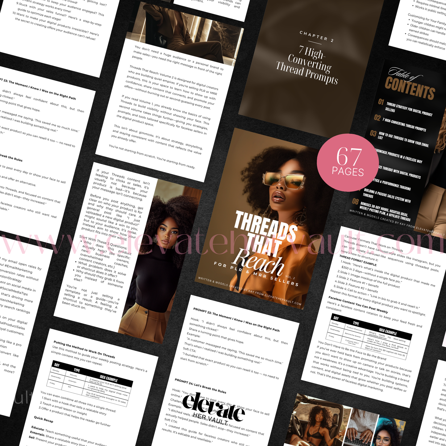Collage of pages from a book or report with text and images, featuring a woman's face and the title 'Threads That Reach'. https://elevatehervault.com
