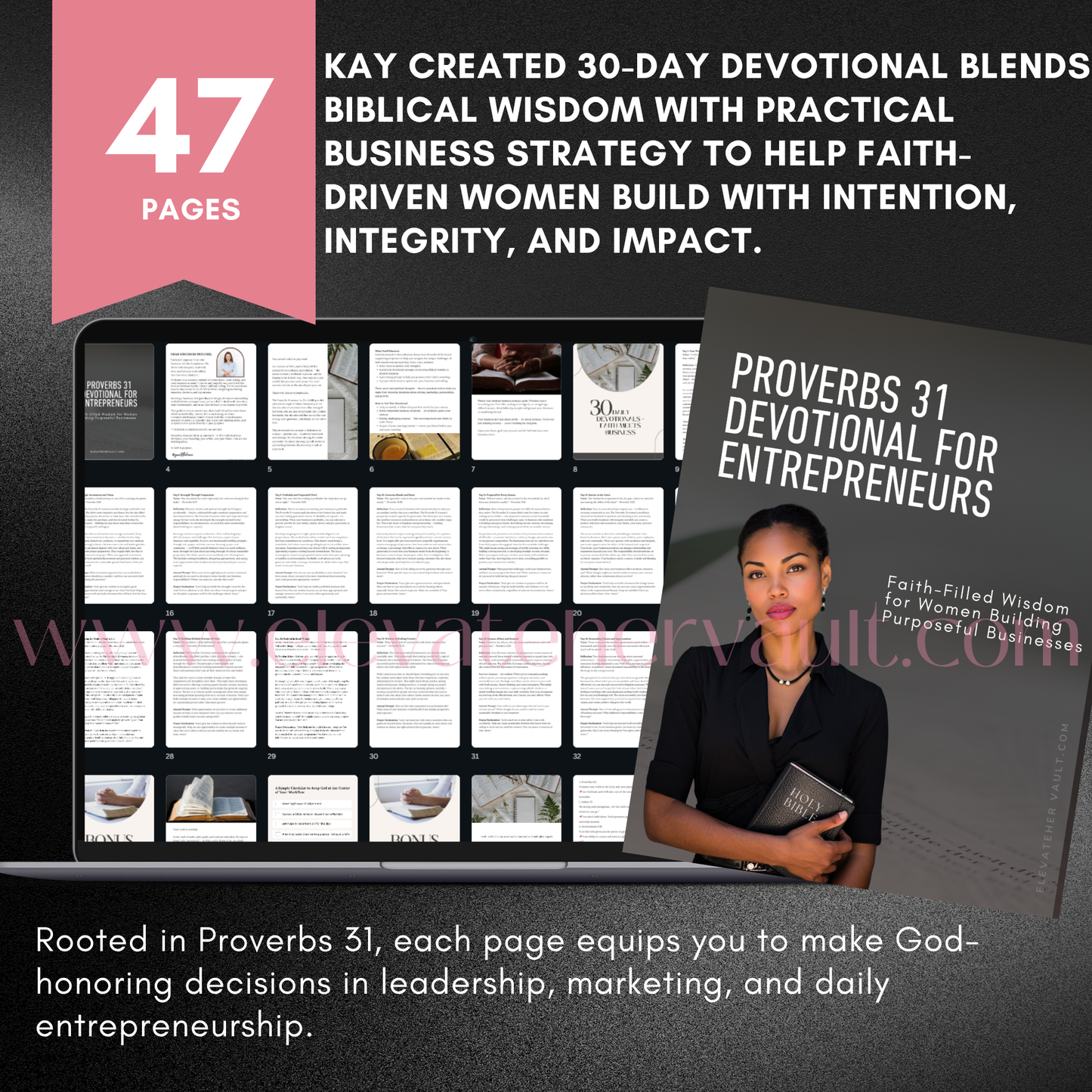 Promotional slide highlighting the 47-page count and digital content inside the Proverbs 31 Guide. www.elevatehervault.com