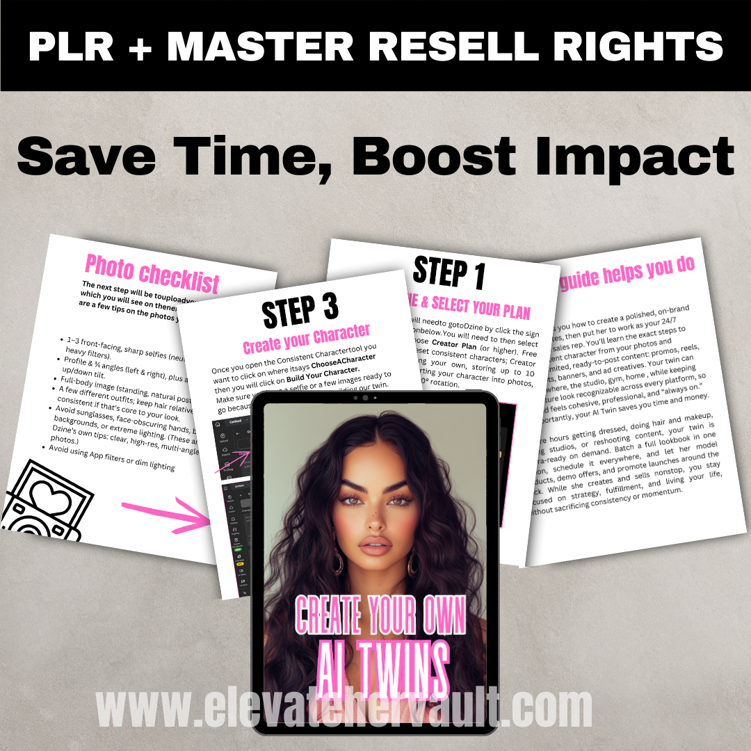 Educational materials on creating a character with text and an image of a woman on a tablet.