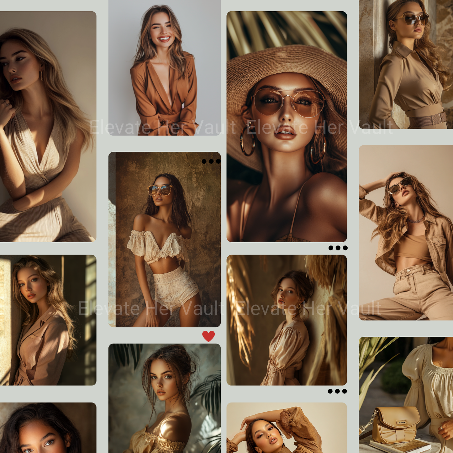 Full collection layout featuring multiple tan-themed stock images in a business-forward, feminine design bundle. www.elevatehervault.com