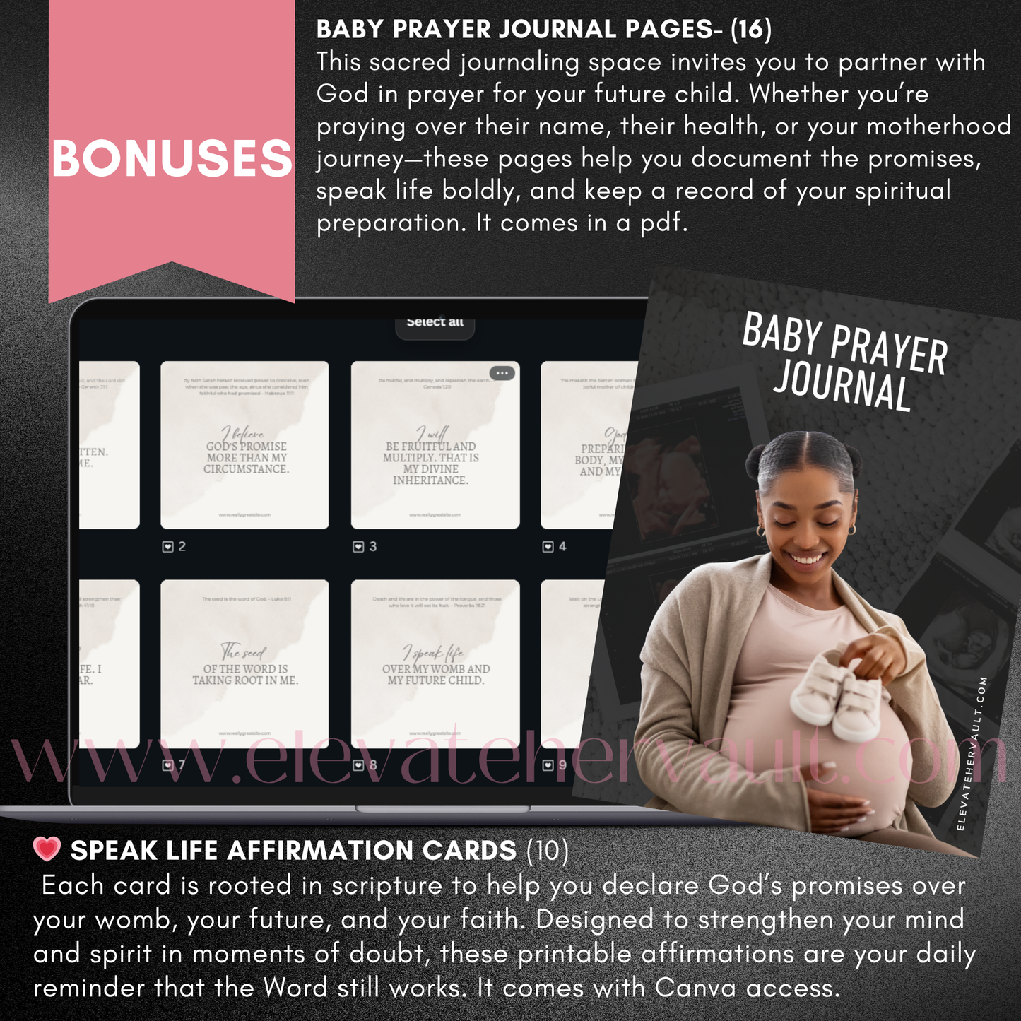 Bonus content showcase featuring printable affirmation cards and a baby prayer journal as additional resources for women of faith. elevatehervault.com