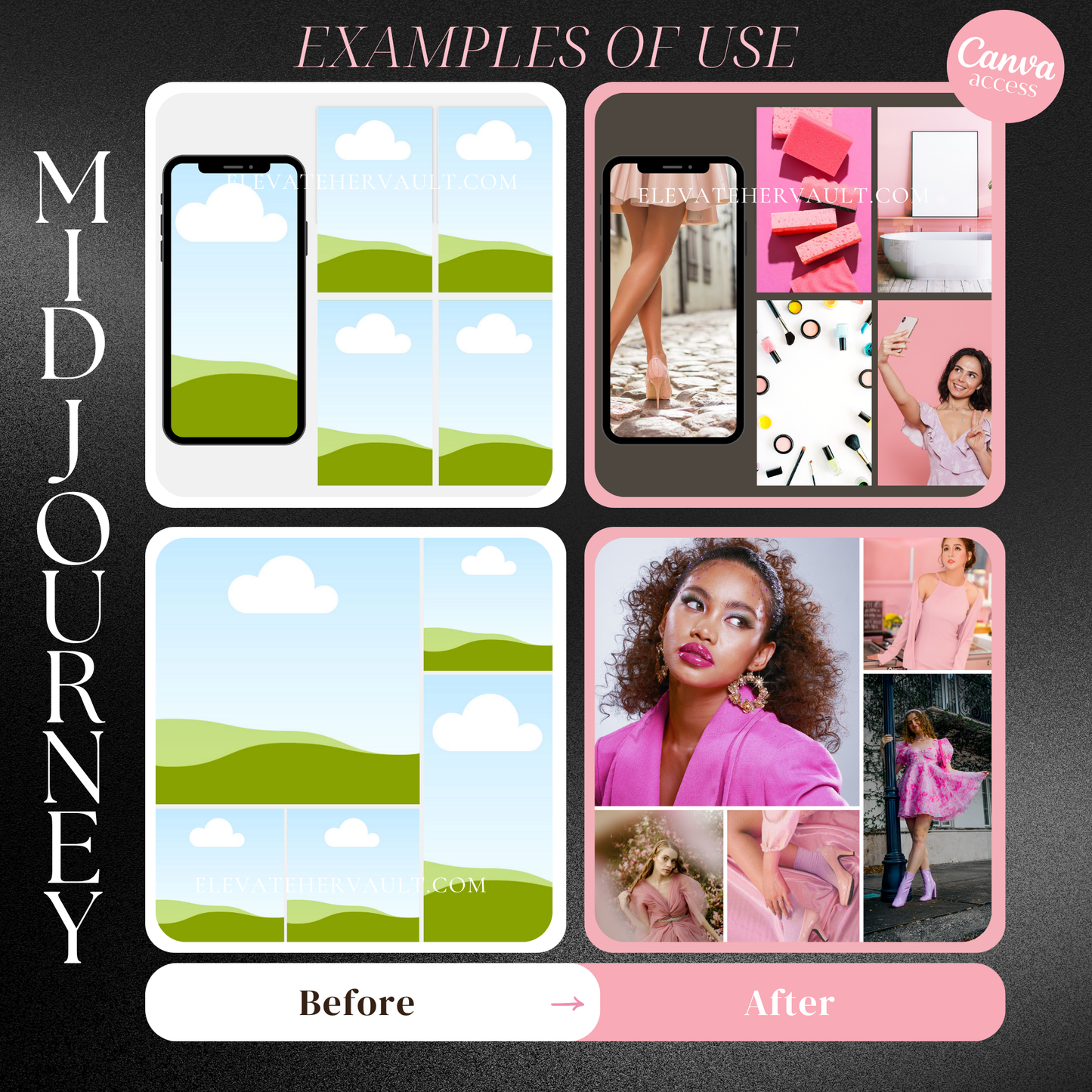 Before and after example using Midjourney prompts with fashion theme – www.elevatehervault.com