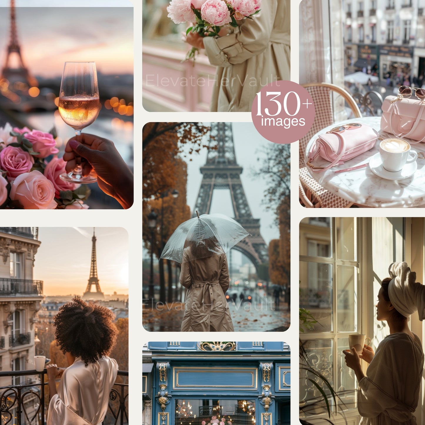 Collage of Paris-themed images including Eiffel Tower, coffee, and romantic scenes. Paris in Her Eyes collection cover — 130+ Paris stock photos — www.elevatehervault.com