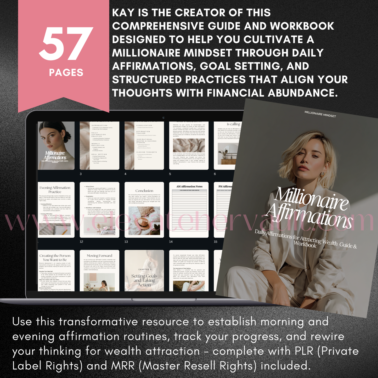 Promotional graphic for 'Millionaire Affirmations' workbook with text about its contents and benefits. www.elevatehervault.com