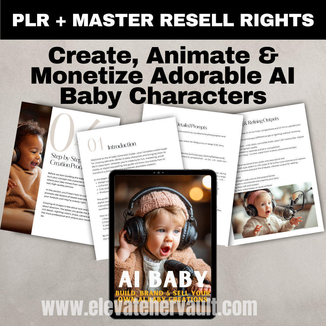 Elevate Your Vault product with text about creating, animating, and monetizing AI baby characters.