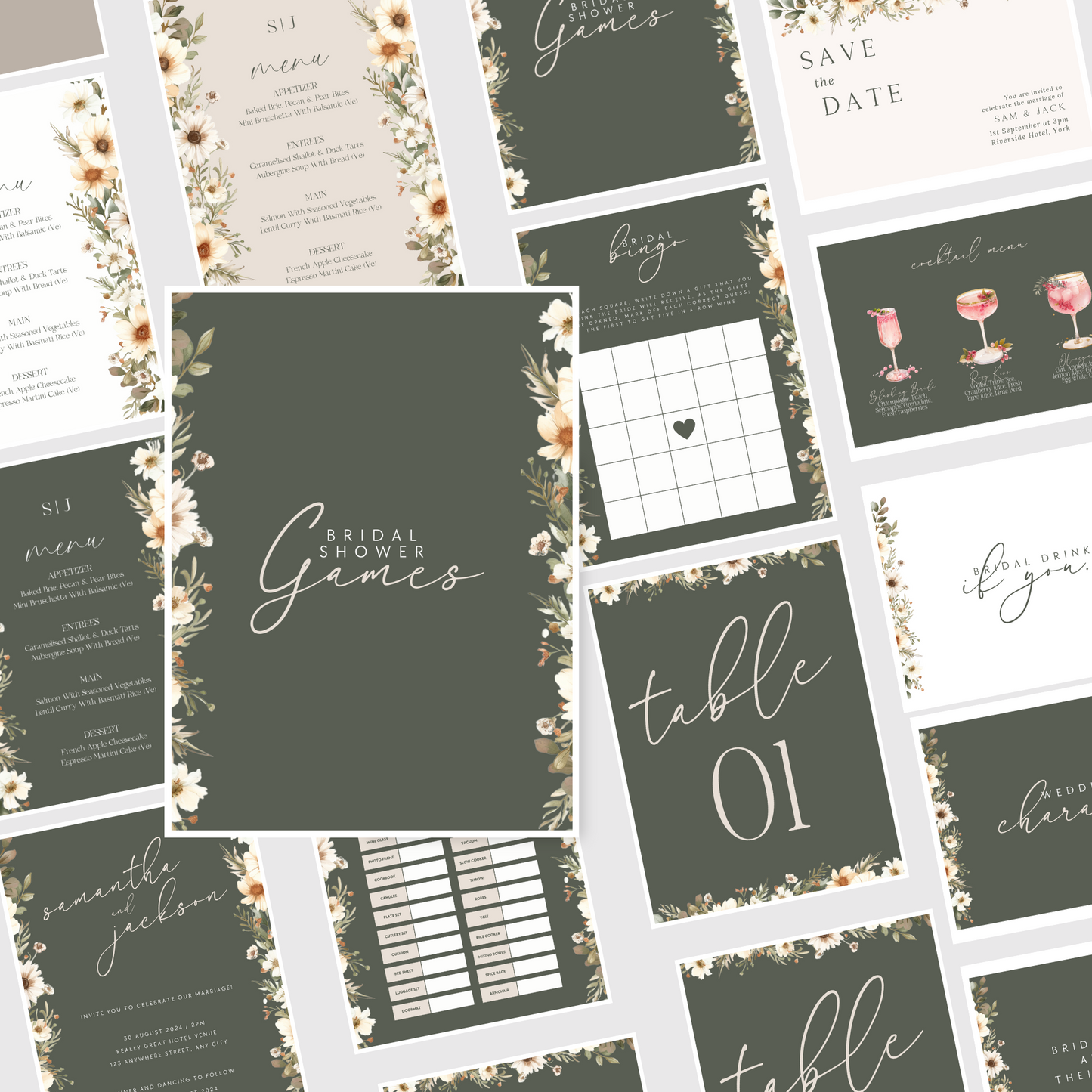 Collection of wedding-related cards and invitations with floral designs on a white background. www.elevatehervault.com