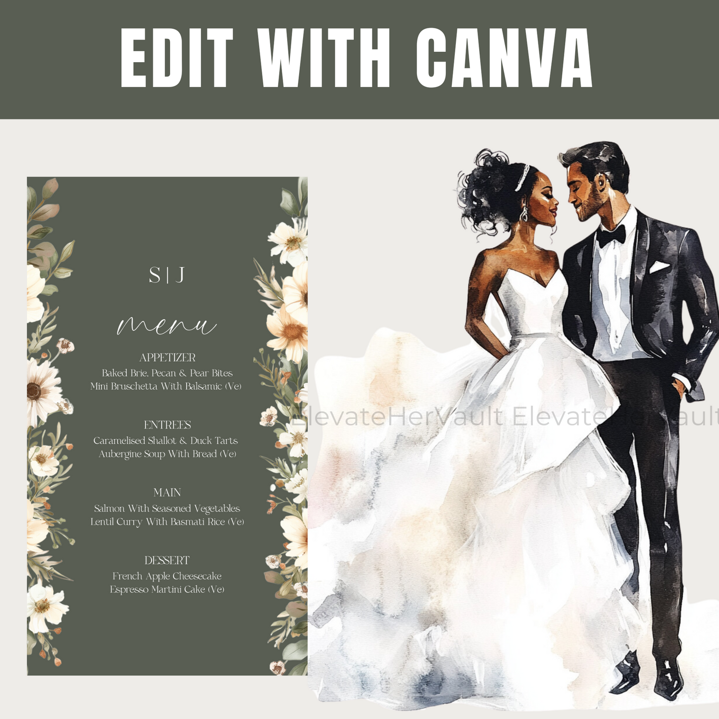 Wedding invitation card with a couple and floral design, featuring 'Edit with Canva' text.