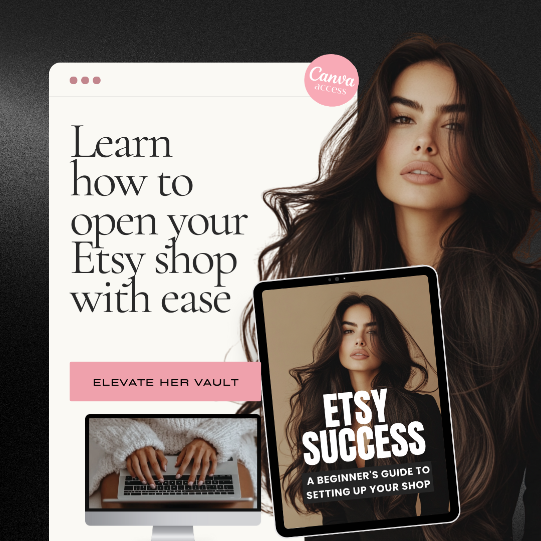 Promo Image – Learn with Ease: “Etsy Success eBook shown on tablet and computer with text ‘Learn how to open your Etsy shop with ease.’”