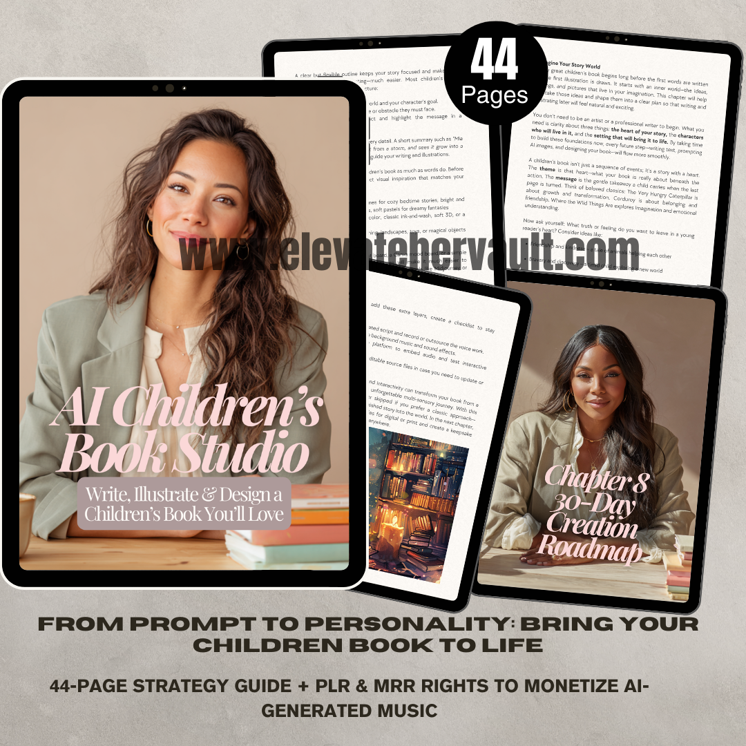 Promotional graphic for AI Children's Book Studio with a woman on a tablet screen. www.elevatehervault.com