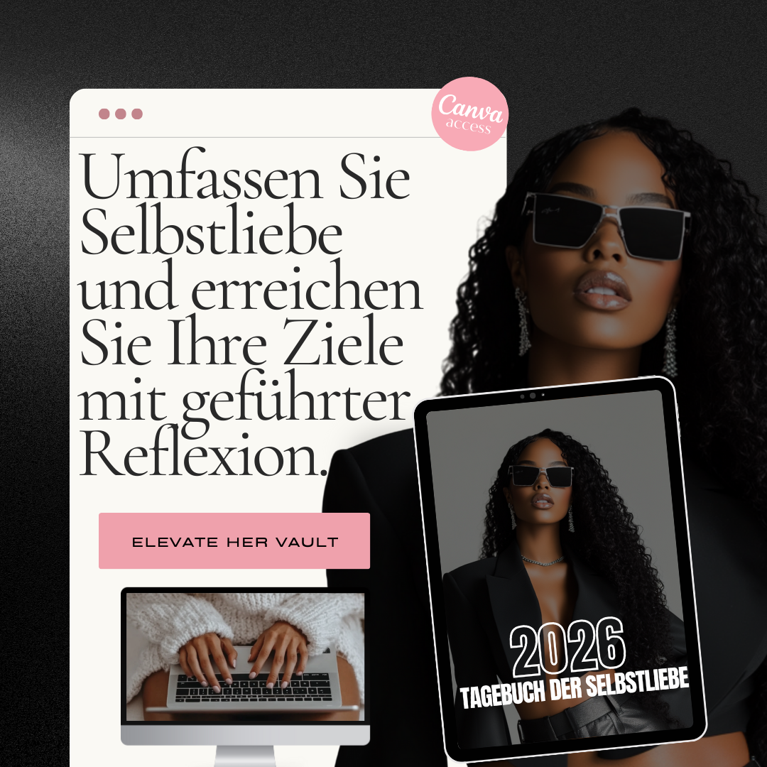 Woman holding a tablet with text and branding elements on a dark background www.elevatehervault.com