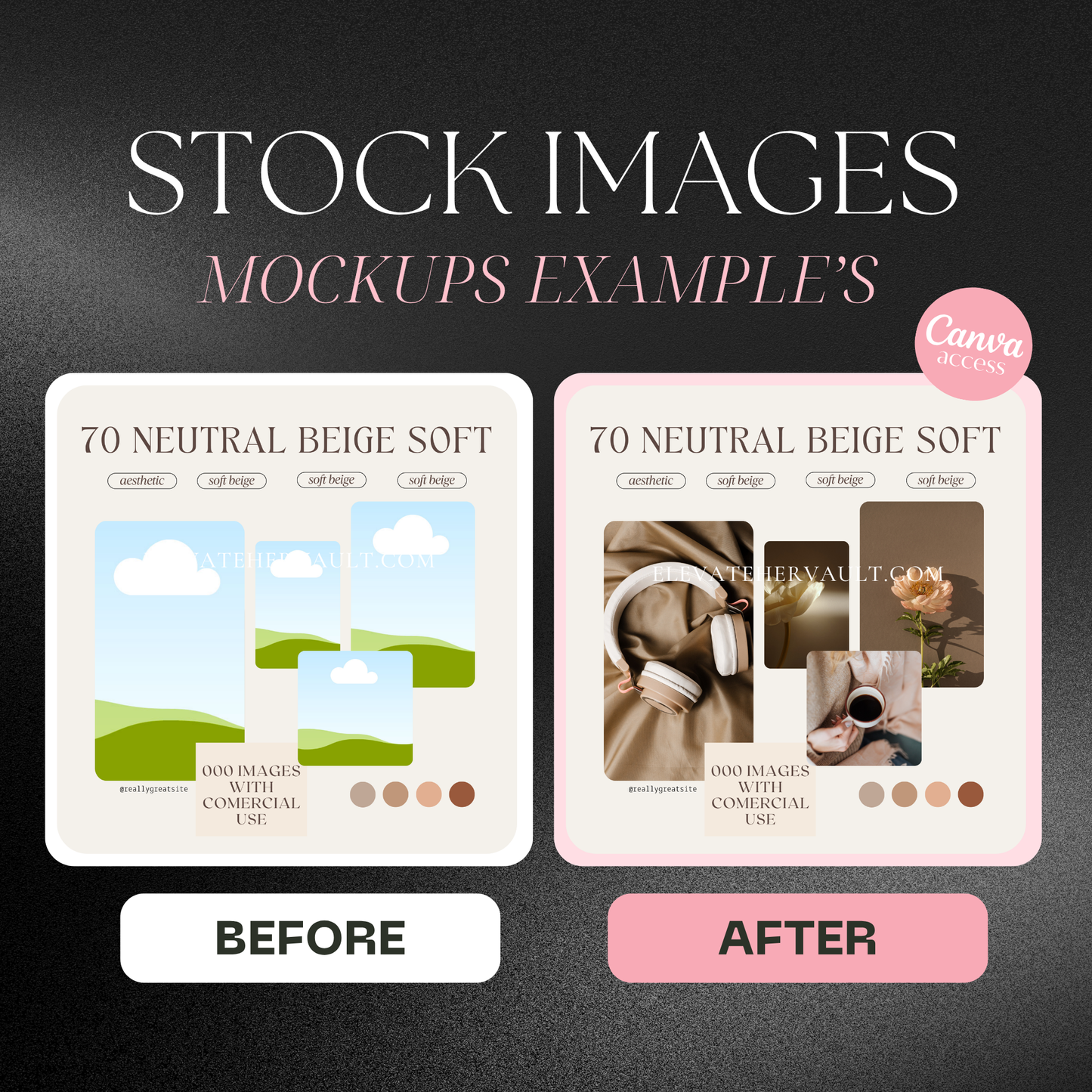 Editable Canva mockup example with customizable brand colors and instructions layout – www.elevatehervault.com