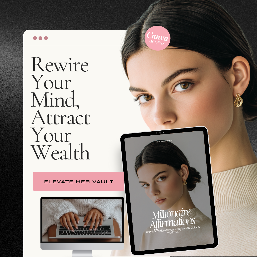 Woman holding a tablet with 'Millionaire Affirmations' app, next to promotional material for 'Rewire Your Mind, Attract Your Wealth'. www.elevatehervault.com