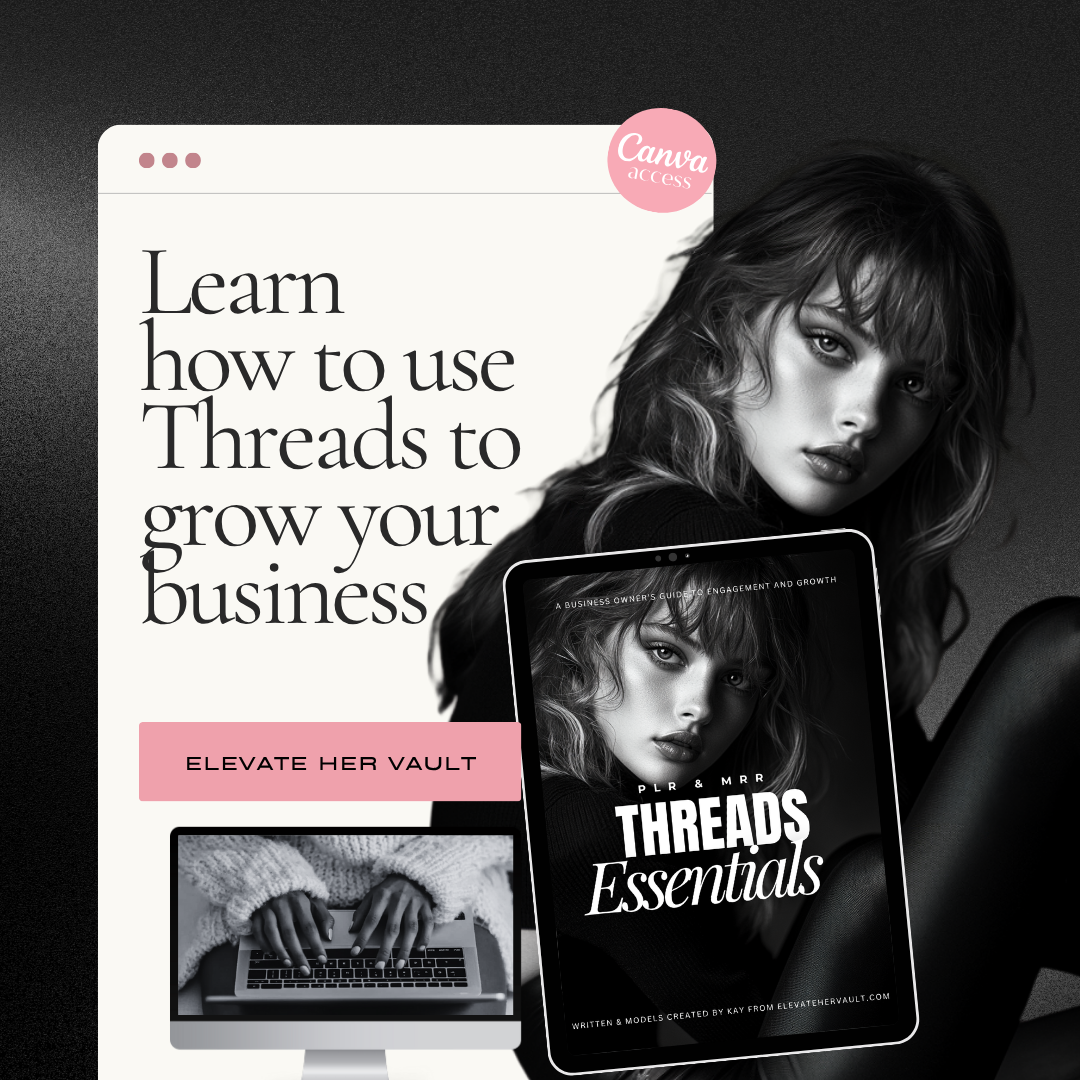 Minimalist pink and cream mockup promoting how to use Threads to grow your business, featuring a tablet with the Threads Essentials cover and a computer showing a woman typing. www.elevatehervault.com