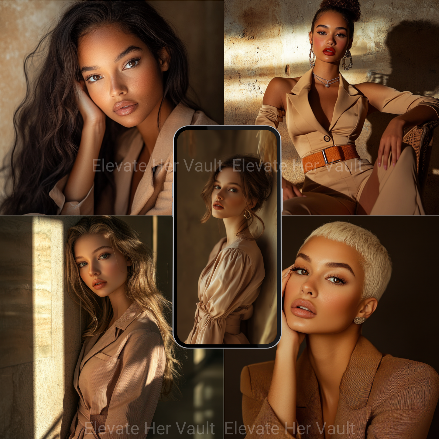 Stylish group of café-themed stock images highlighting melanin-rich women in neutral tones, ideal for warm luxury branding. www.elevatehervault.com